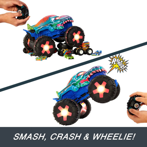 Mega-Wrex 1:15 Scale RC Monster Truck With Lights And Sounds, Battery-Powered Off-Road Action in wheelie mode with remote control.