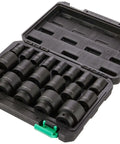 19 Piece One Half Inch Drive 6 Point Shallow Impact Socket Set With Cr-Mo Steel, SAE Size Markings in a heavy duty carrying case
