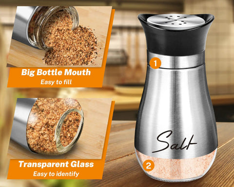 Refillable Salt And Pepper Shaker Set With Glass Bottom And Stainless Steel Lids for easy filling, 4 oz capacity shown with salt.
