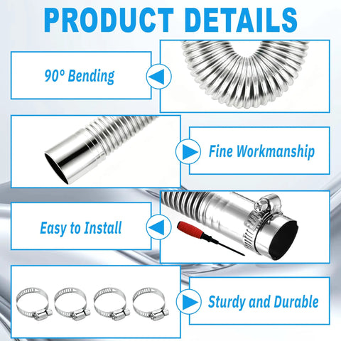 39.3 Inch Stainless Steel Exhaust Hose Kit with 1 Inch Flexible Pipe, 4 Clamps, and Screwdriver, Product Details