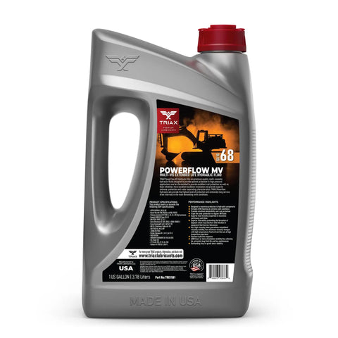 Powerflow AW 68 Multi-Viscosity Hydraulic Oil With 6,000 Hour Extended Life, bottle with red cap and label, for industrial machinery