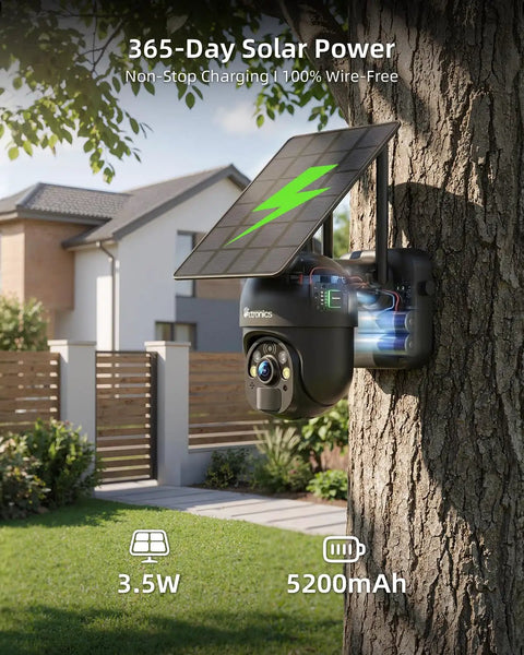 3MP Solar Wireless Outdoor Security Camera With PTZ mounted on tree, showing solar panel and battery in suburban setting