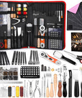 Starter Friendly Leather Working Kit, 415 Piece Tool Set Packed With Punching, Sewing, Stamping, Sanding, Cutting, Carving And Edge Beveling Tools In A Sturdy Leather Tool Storage Bag, Pro Grade Leathercraft Essentials displayed.