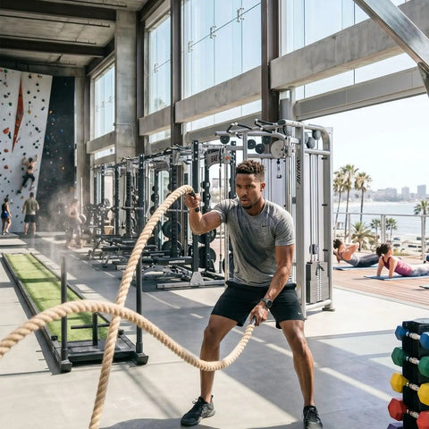 Man exercising with Heavy Duty Natural Hemp Rope Do It All 2 Inch Thick By 50 Feet 4 Strand Tight Twisted Jute Rope in gym setting
