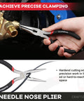 Person using needle nose pliers from Essential 10 Piece Pliers And Wrench Set With Storage Rack Includes Locking Long Nose Pliers Diagonal Cutters Groove Joint Pliers Linesman And Mini Pliers Carbon Steel Tool Kit For DIY And Home Use Handyman Gift For Him.