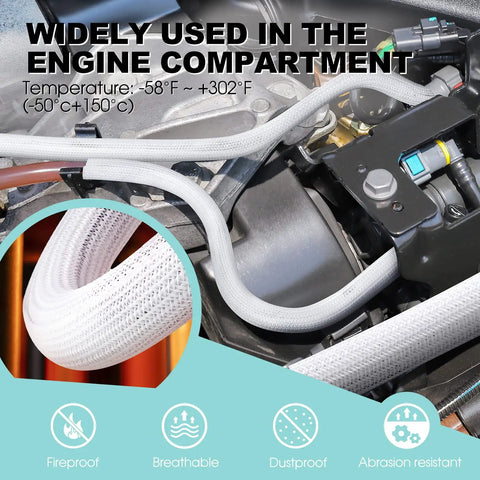 White Cable Sleeve Kit, 2 Pack, 5ft Each, 0.75 to 1.2 Inch Diameter Wire Management Tubes installed in engine compartment