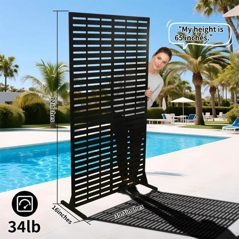 72 Inch Outdoor Privacy Screen With Stand by pool, three-panel metal fence panel with measurements and woman for scale.
