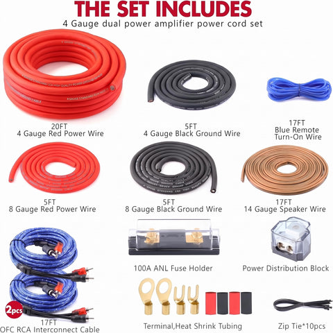 Straight Up 4 Gauge Auto Audio Hook Up Kit With 20 Ft Oxygen Free Copper Power Cable And 8 Gauge Speaker Runs For Dual Subs includes detailed power cord set.