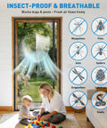 Side Opening Magnetic Screen Door Fits 32x80 Doors, Screen Size 34x81; background of outdoor view through door with no insects inside.
