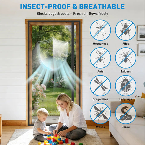 Side Opening Magnetic Screen Door Fits 32x80 Doors, Screen Size 34x81; background of outdoor view through door with no insects inside.