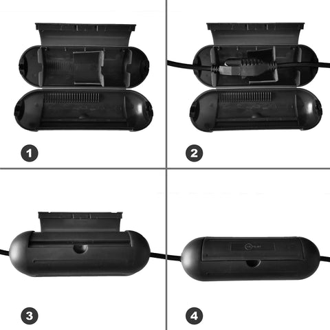 4 Pack Extension Cord Protective Cover Set Black Capsule Shaped Water Resistant Holders For Indoor Outdoor Use Great For Holiday String Lights And Wires Large Compartment Fits Up To 12 Gauge Cords showcasing open and closed positions with cord fitted.