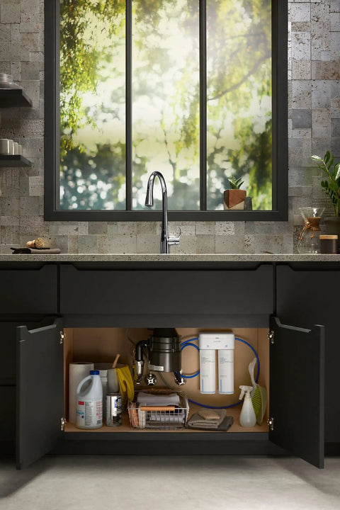 Kitchen with Aquifer Replacement Filter Cartridge Pack Of 2 For Aquifer Water Filtration System installed under sink.