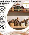 Metal pivot furniture connector used for secure shelving, featuring a gold tone and pairing with glass jars in kitchen storage.