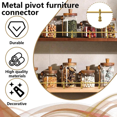 Metal pivot furniture connector used for secure shelving, featuring a gold tone and pairing with glass jars in kitchen storage.