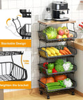 Five Tier Stackable Fruit And Veggie Storage Baskets With Wheels, Metal Wire Organizer in kitchen with fruits and vegetables