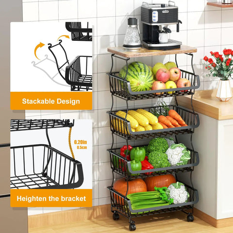 Five Tier Stackable Fruit And Veggie Storage Baskets With Wheels, Metal Wire Organizer in kitchen with fruits and vegetables
