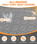 Heavy Duty Golf Cart Seat Covers With Four Front Pockets And Non Slip Bottom Universal Fit For Ezgo Yamaha Club Car Two Seater Weekend Warrior Grade Vinyl showing breathable material and anti-UV shield.