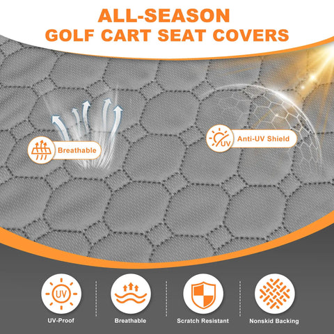 Heavy Duty Golf Cart Seat Covers With Four Front Pockets And Non Slip Bottom Universal Fit For Ezgo Yamaha Club Car Two Seater Weekend Warrior Grade Vinyl showing breathable material and anti-UV shield.