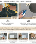 Instructions on removing creases from carpet using heavy objects or iron, with anti-slip Velcro application tips.