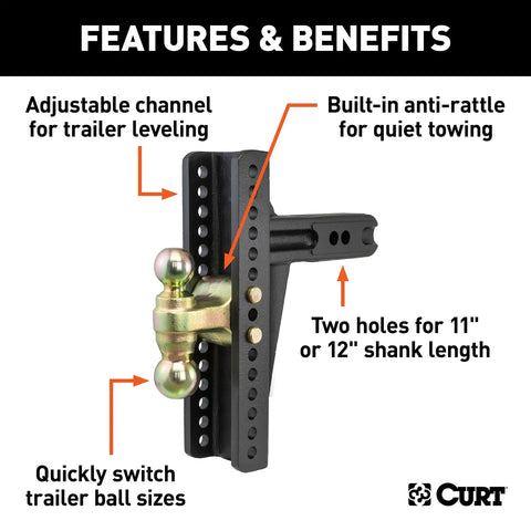 Beefy Dual Ball Adjustable Channel Mount For 2-1/2 Inch Receiver Hitches, 20,000 Lb Capacity, Flip Shank For 8-7/8 Inch Rise Or 10-3/8 Inch Drop, Includes 2 Inch Ball (10,000 Lb) And 2-5/16 Inch Ball (20,000 Lb), Two Pin Holes