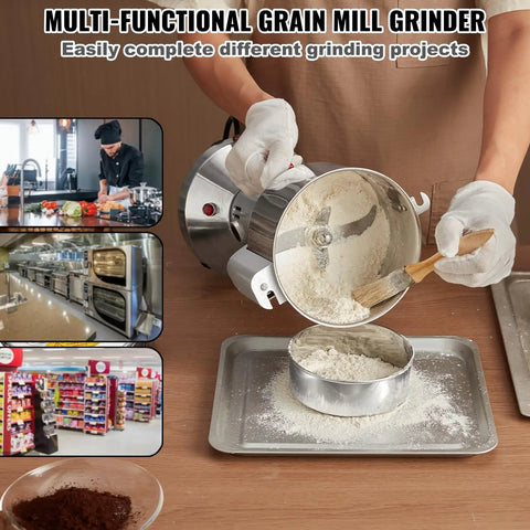 Ultra Fast 1500W Electric Grain Mill Grinder For Dry Grains Spices Coffee Corn Pepper, 300g Capacity in use on kitchen counter
