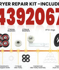 Premium 4392067 Dryer Repair Kit with components including rollers, pulley, and belt for quick DIY fix, part numbers visible