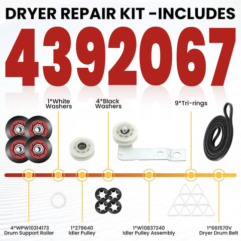 Premium 4392067 Dryer Repair Kit with components including rollers, pulley, and belt for quick DIY fix, part numbers visible