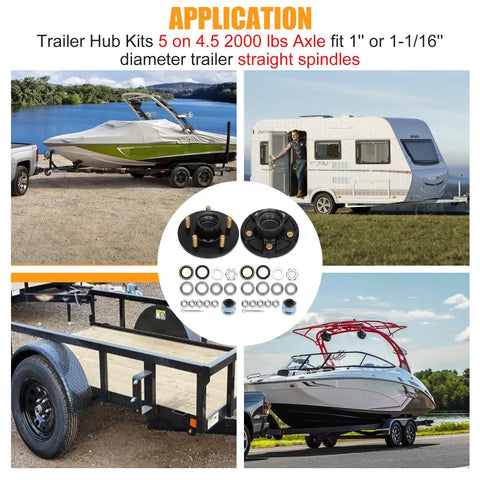 Variety of trailers utilizing the Beefed Up 5 Lug Trailer Hub Kit 4.5 Inch Pattern Fits 1 Inch And 1-1/16 Inch Straight Spindles Up To 2000 Lbs Great For Boat Trailers With L44643 Bearings, including boat, utility, and camper trailers.
