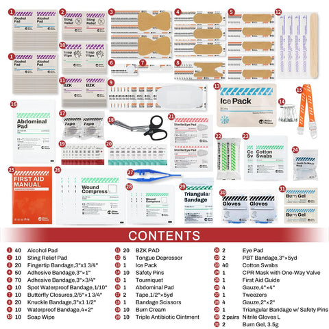 Front view of Rhino Rescue 371-piece OSHA all-purpose first aid kit contents: assorted bandages, pads, wipes, scissors, and gloves.