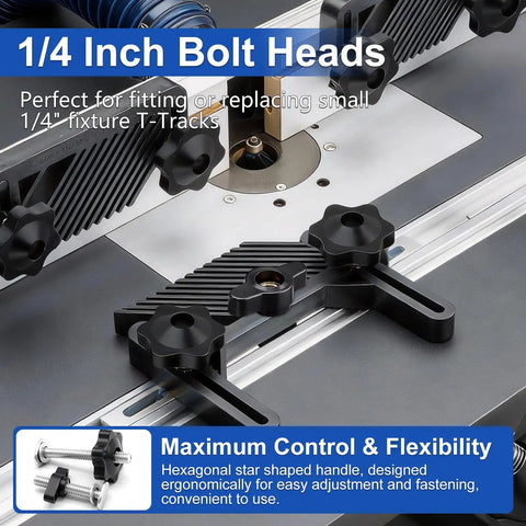 T Track Knob Kit Set For Woodworking Jigs And Fixtures with 1/4-20 Thread shown with black star knobs on equipment
