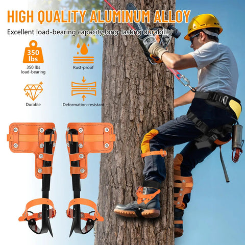 Go To Tree Climbing Spikes Set With Alloy Steel Climbing Spurs shown on tree, featuring straps and ergonomic design for climbers