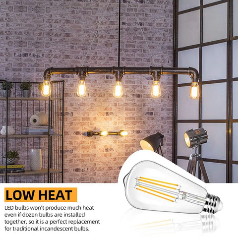 Vintage Edison Style LED Filament Bulbs 12 Pack illuminating a cozy room with antique glass look and 60W equivalent light.