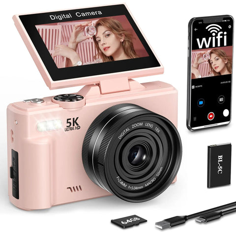 5K 75MP Autofocus Vlogging Camera With WiFi And 64GB Card Included 180 Degree Flip Screen YouTube Ready Travel Kit pink