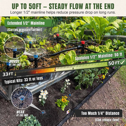Push To Connect Drip Irrigation System For Garden Beds And Raised Beds With Adjustable Watering shown in use with plants.