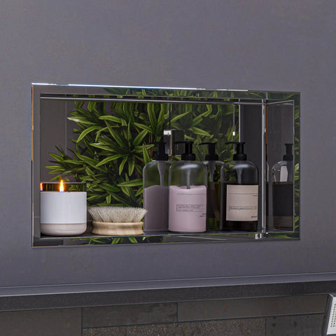 Polished Stainless Steel Horizontal Bath And Shower Niche 24 X 12, Fully Finished, Ready To Mount, with bottles and plant