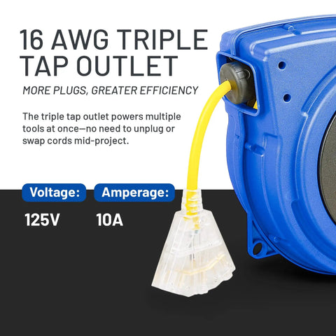 Retractable Extension Cord Reel With 50 Foot 16 AWG Cable, 3C SJTOW Heavy Duty Commercial Grade, LED Lighted Triple Tap Connector