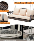 Three Person Wicker Porch Swing With Cup Holder, Built Tough Outdoor Rattan Patio Swing Chair with cushioned seat and steel chains