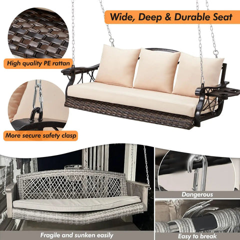 Three Person Wicker Porch Swing With Cup Holder, Built Tough Outdoor Rattan Patio Swing Chair with cushioned seat and steel chains