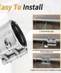 Easy install guide for pipe repair clamp 26-29mm with images of step-by-step installation on metal pipe using stainless steel clamp.