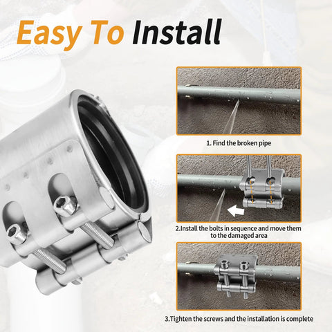 Easy install guide for pipe repair clamp 26-29mm with images of step-by-step installation on metal pipe using stainless steel clamp.