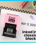 Heavy Duty Date Stamp For Shipping And Expiration Tracking Built Like A Rock With Black Ink And Customizable Mount Colors A Total Office Game Changer That Goes Hard Daily, pink self-inking date marker with black ink, showing date.
