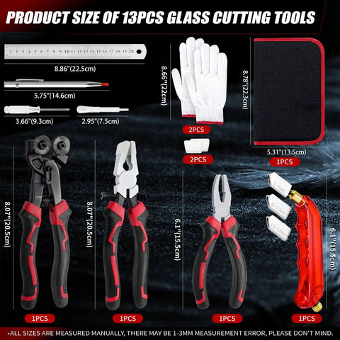 13 Piece Glass Cutter Tool Set With Nippers, Running Pliers, Breaking Pliers, Cutter Heads, Scribe, Gloves, Bag for Glass Projects