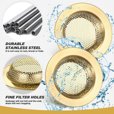 Brushed Gold 4.4 Inch Kitchen Sink Drain Strainer 2 Pack Hair Catcher Basket Filter, durable stainless steel design with fine filter holes.