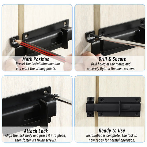Installation guide for Premium Heavy Duty Stainless Steel Slide Lock Latch Featuring Dead Stop Barrel Bolt Design for outdoor use.