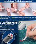 Step-by-step guide for blade replacement on crafting knife from 25Pc Hobby Modeling Kit Tools Set for Gundam Newbies and Pros.