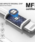 Close-up of MFi certified Lightning CarPlay Cable for iPhone fast charge and data transfer USB A to Lightning cord 3ft white
