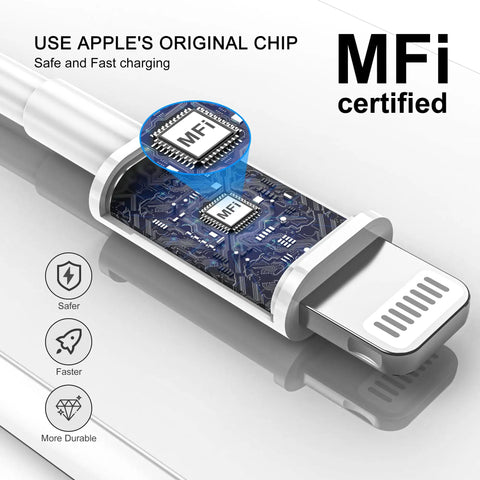 Close-up of MFi certified Lightning CarPlay Cable for iPhone fast charge and data transfer USB A to Lightning cord 3ft white