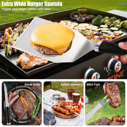 42 Piece Flat Top Griddle Accessories Kit With Extra Wide Burger Spatula and grilling tools on a BBQ teppanyaki griddle