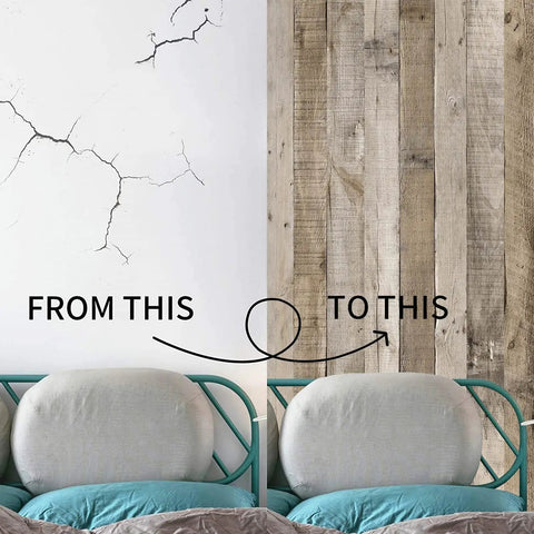 Peel And Stick Dope Faux Wood Wallpaper Roll 17.3 Inch By 200 Inch Self Adhesive Removable Wood Grain Vinyl on wall with vintage plank look