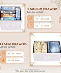 Drawer capacity diagram for Seven Drawer Dresser And TV Stand With Wood Top, White fabric storage showing medium and large drawer uses.